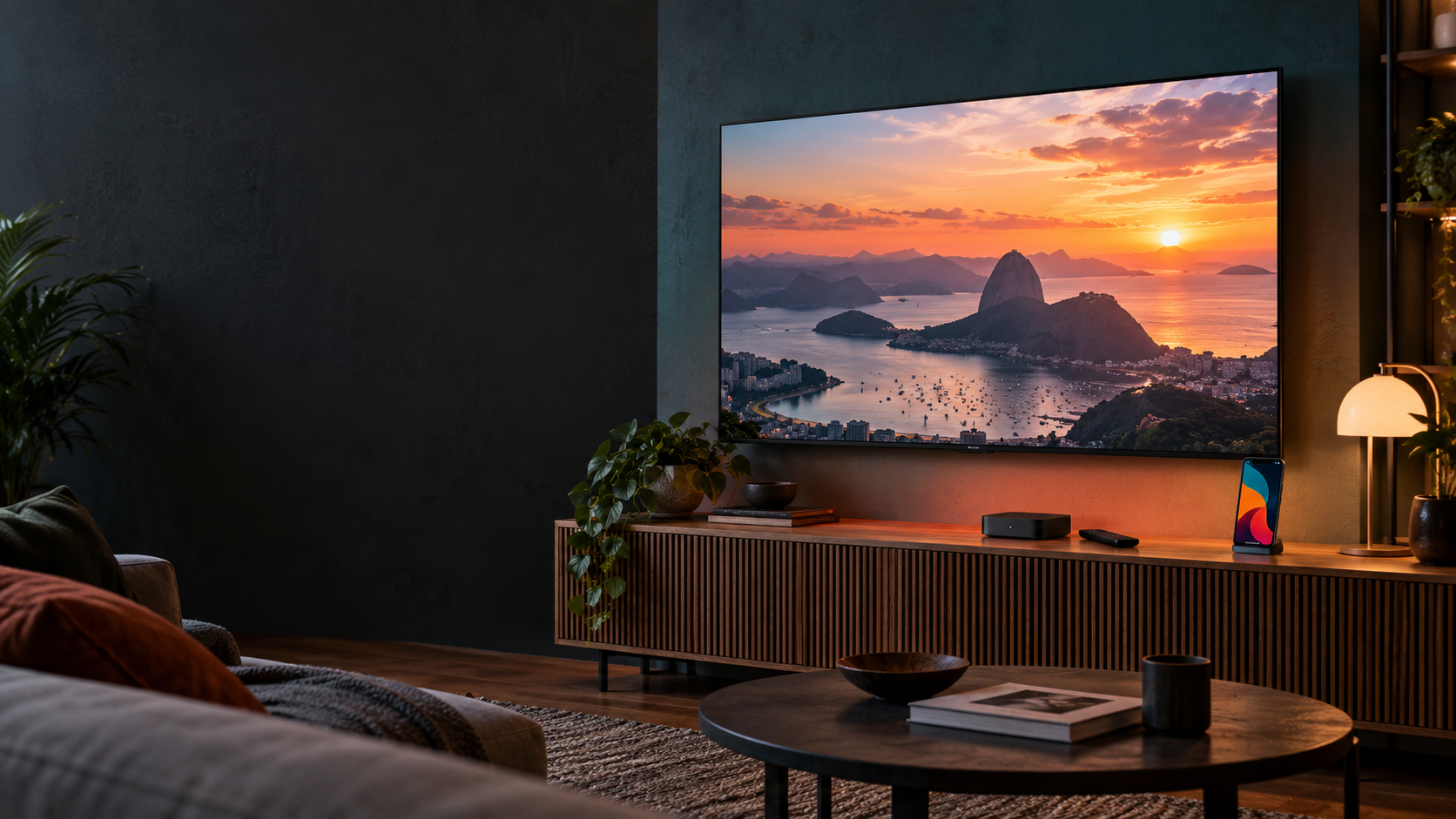 Smart TV, aparelho conectado e celular em uma sala aconchegante